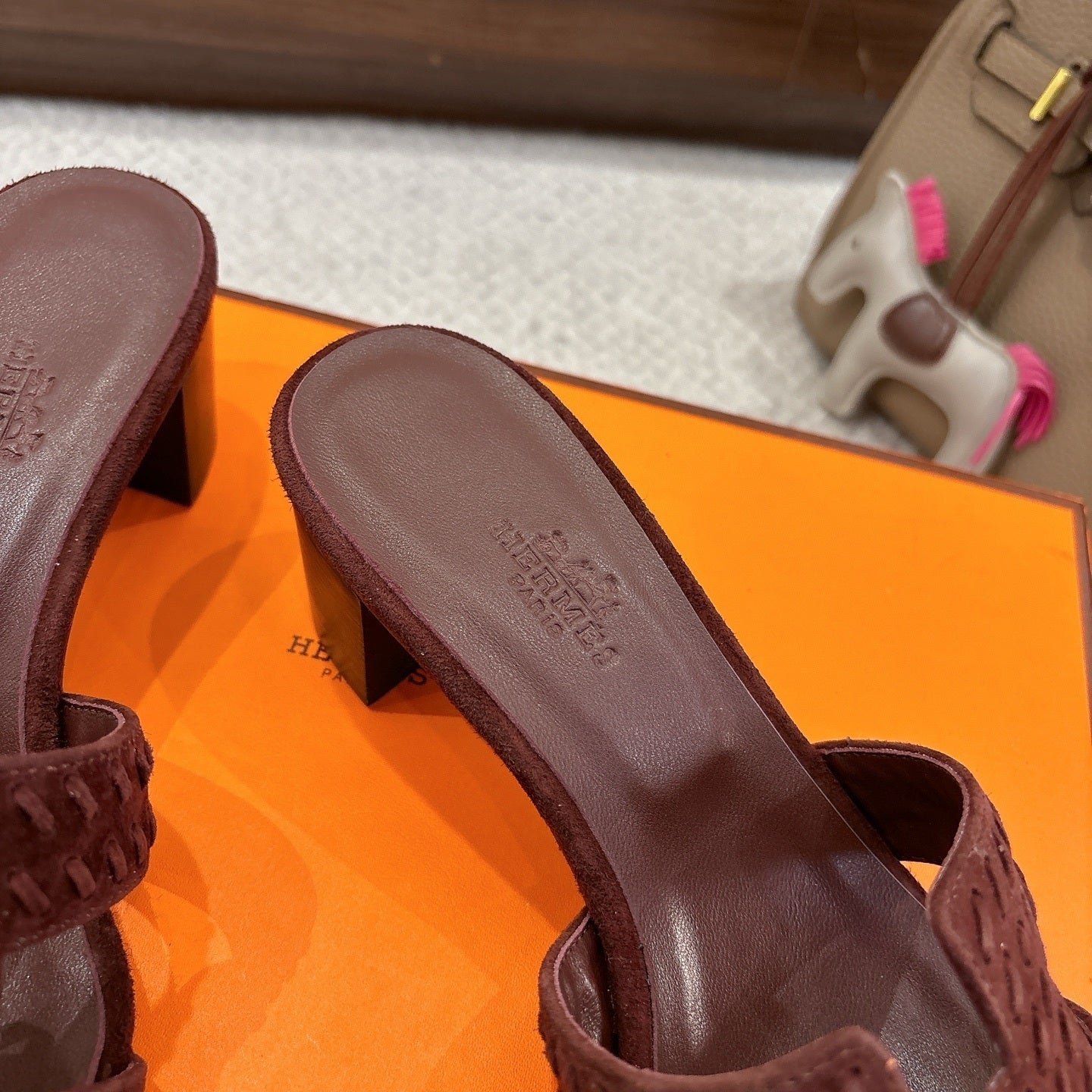 BURGUNDY SUEDE HEELED SLIDE SANDALS