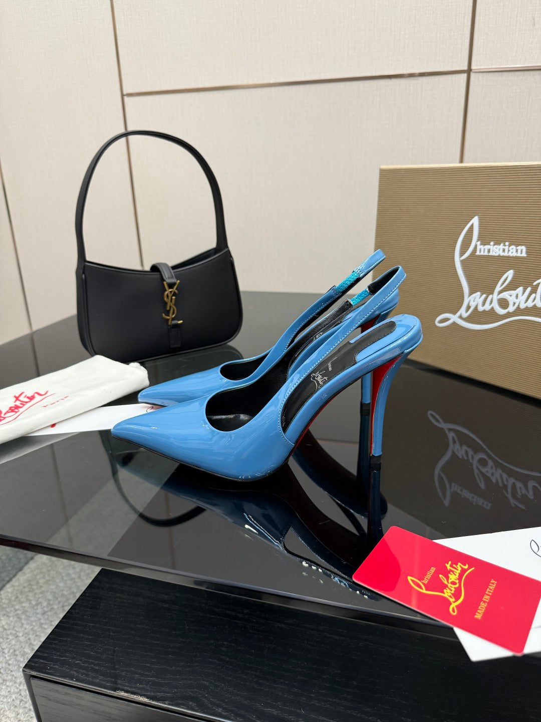 BLUE PATENT SLINGBACK POINTED HEELS