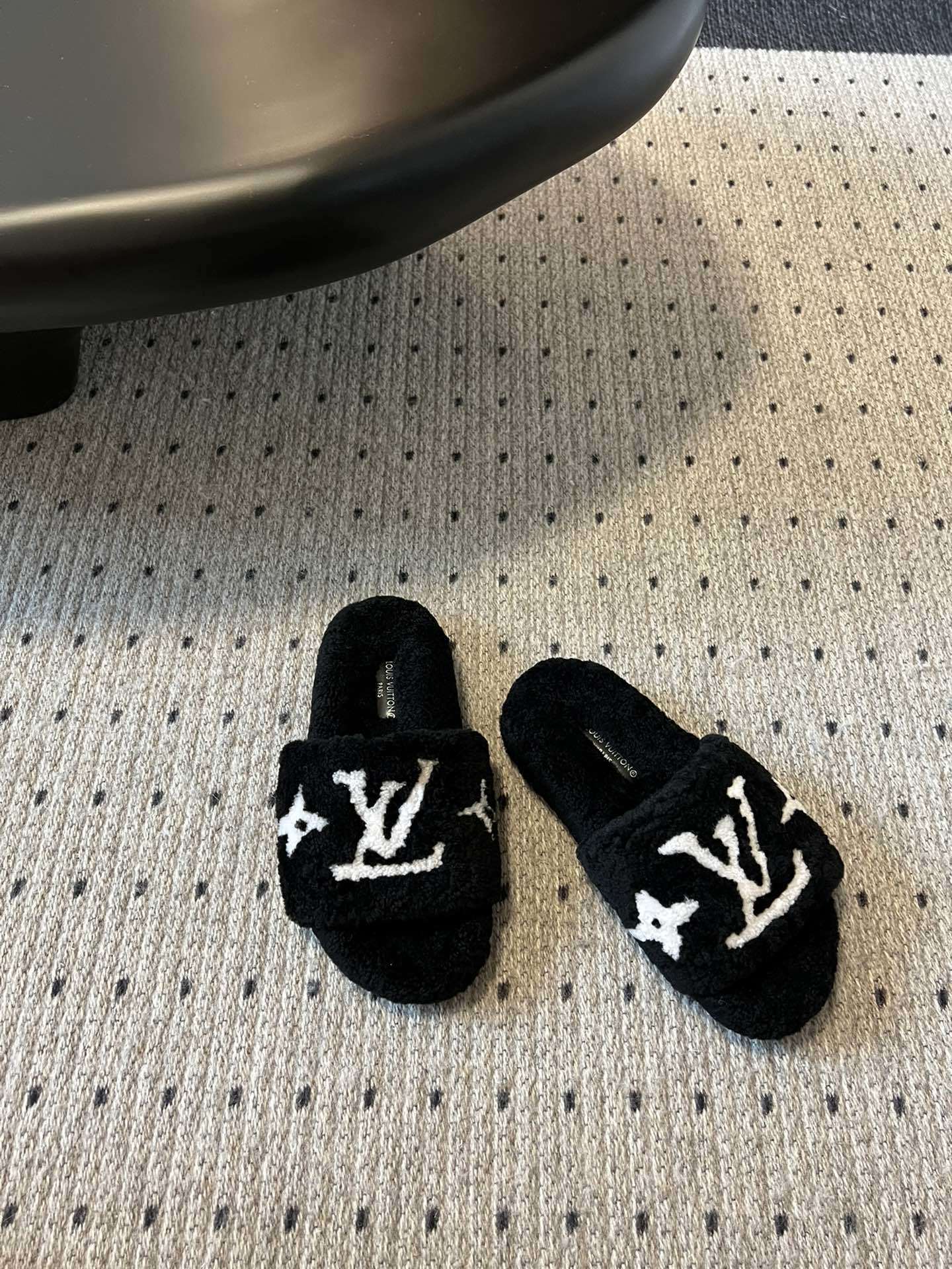 COZY MONOGRAM FUR SLIDE SLIPPERS
