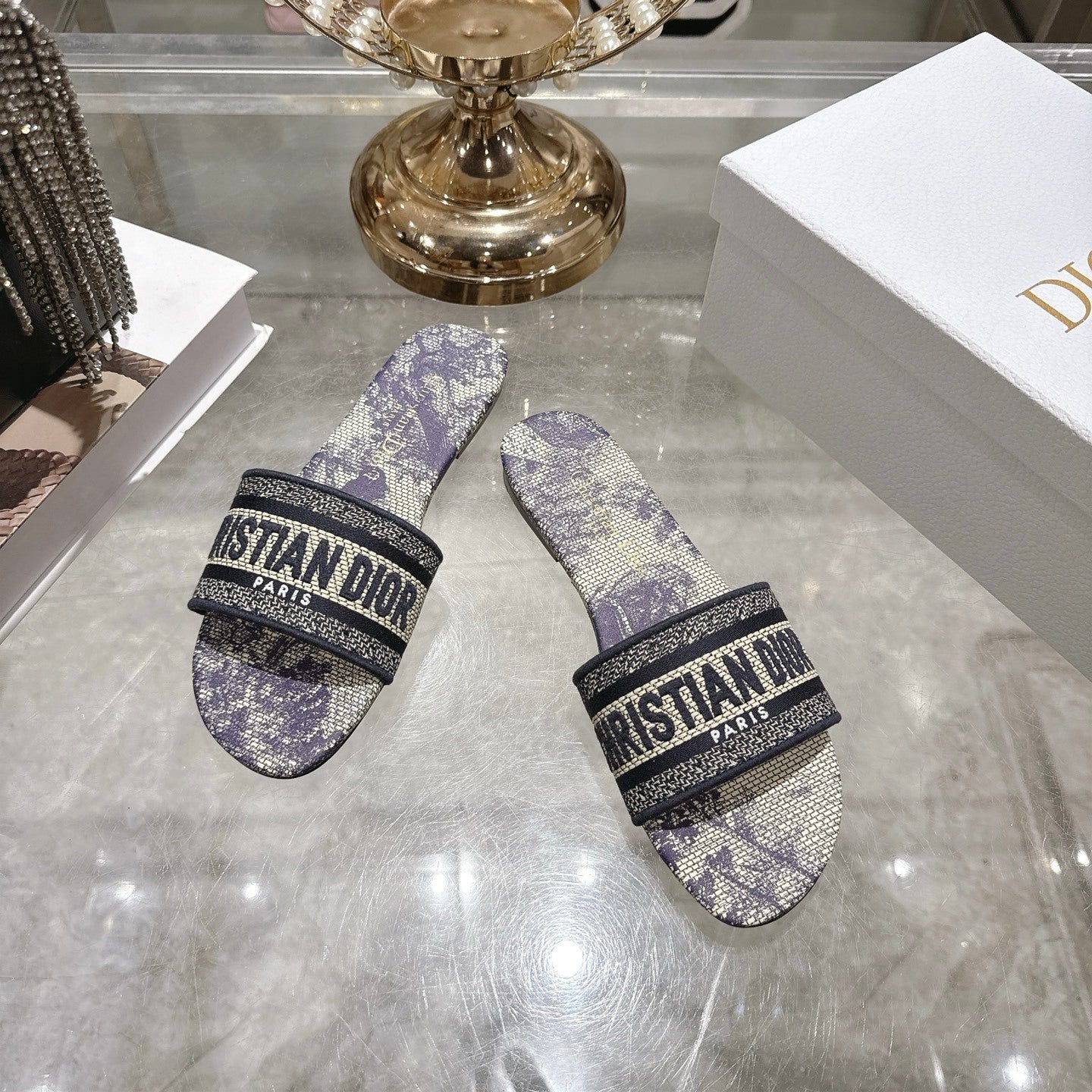 OBLIQUE LOGO CANVAS SLIDE SANDALS