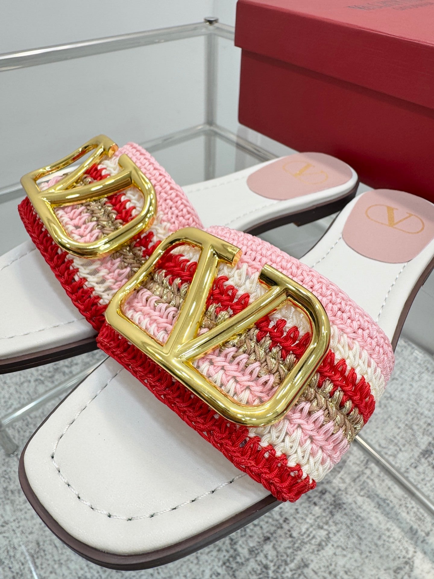 WOVEN STRAP FLAT SLIDES – PINK MULTICOLOR WITH GOLD BUCKLE