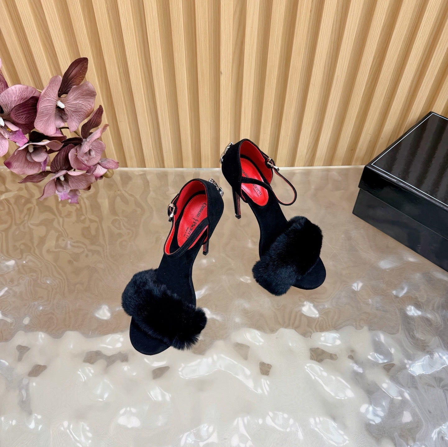FUR DETAIL STILETTO HEELS – BLACK LUXE EVENING SANDALS