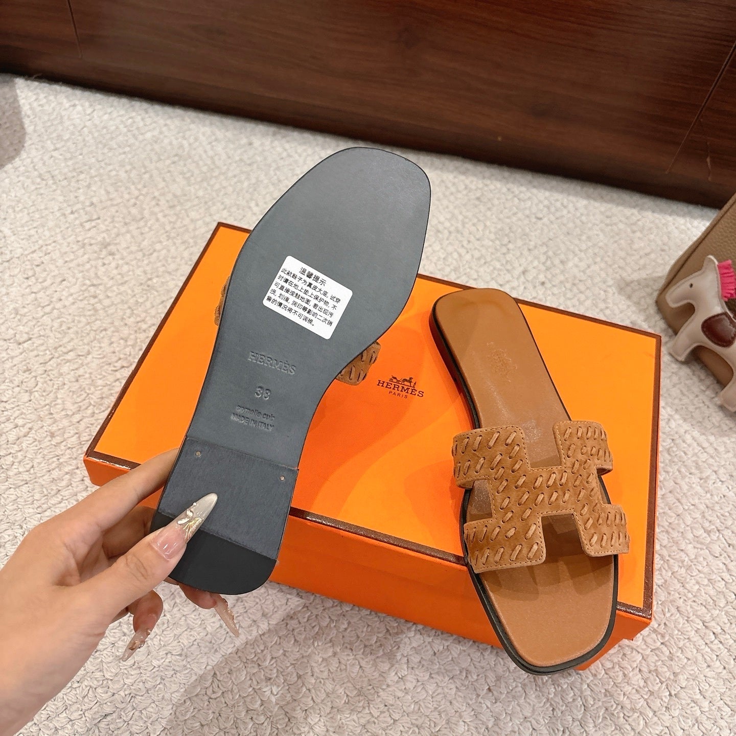 BROWN SUEDE SLIDE SANDALS