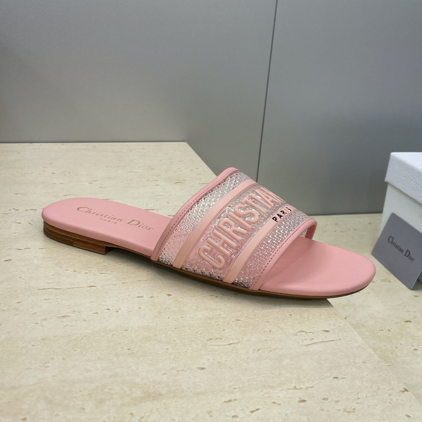 PINK LOGO EMBOSSED SLIDE SANDALS
