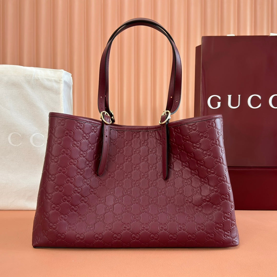 BURGUNDY EMBOSSED LEATHER LUXURY TOTE SHOULDER BAG WITH GOLD HARDWARE