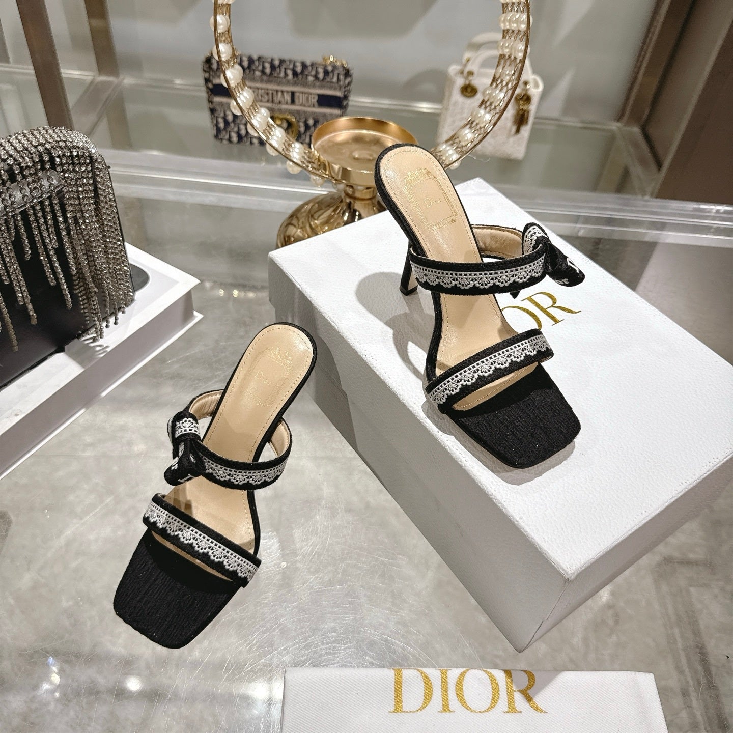 BLACK LACE TRIM BOW STRAP HEEL SANDALS