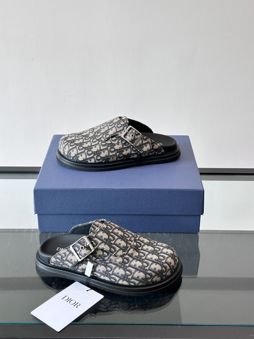 MONOGRAM DESIGNER SLIDE MULES WITH BUCKLE DETAIL