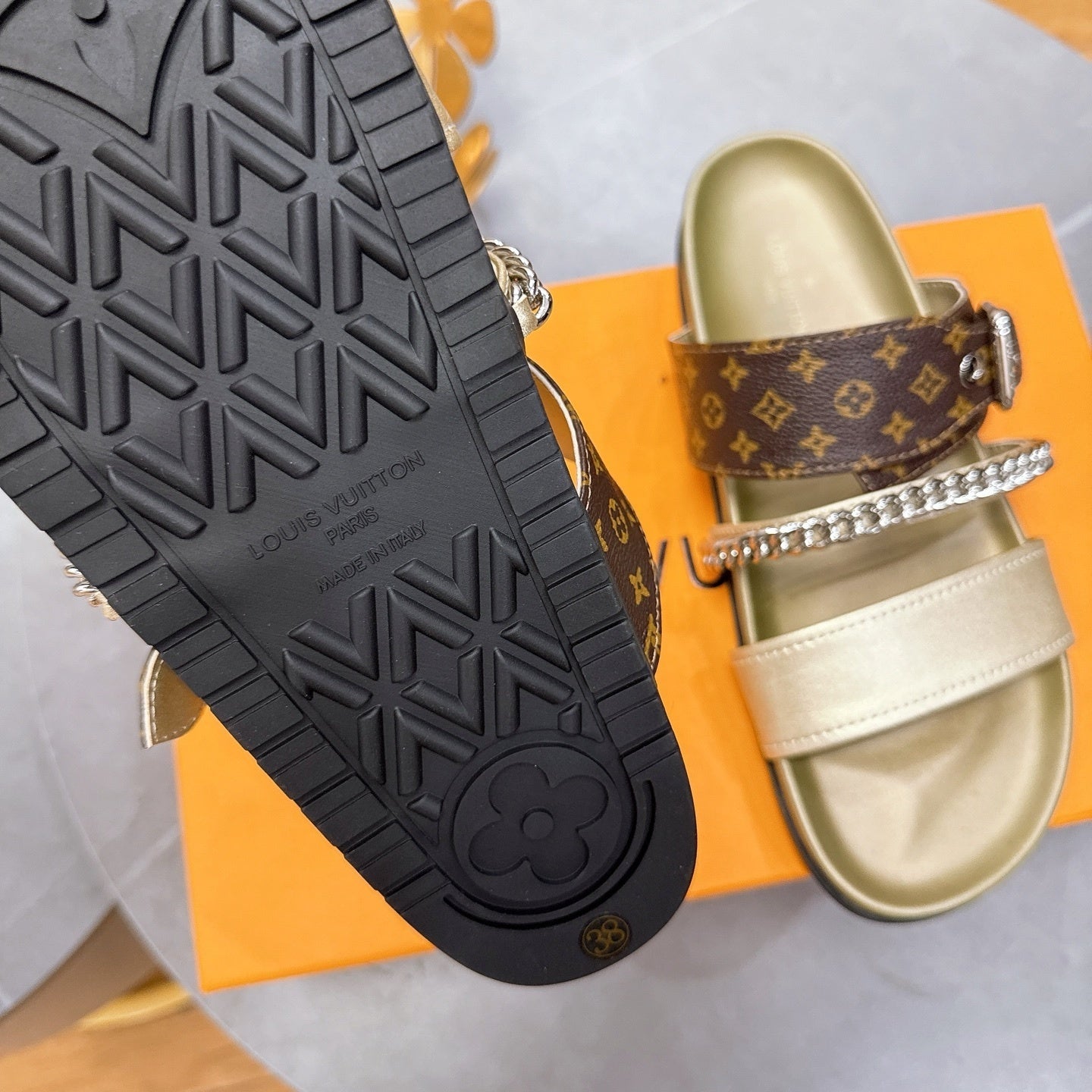 BEIGE MULTI-STRAP CHAIN DETAIL SLIDE SANDALS