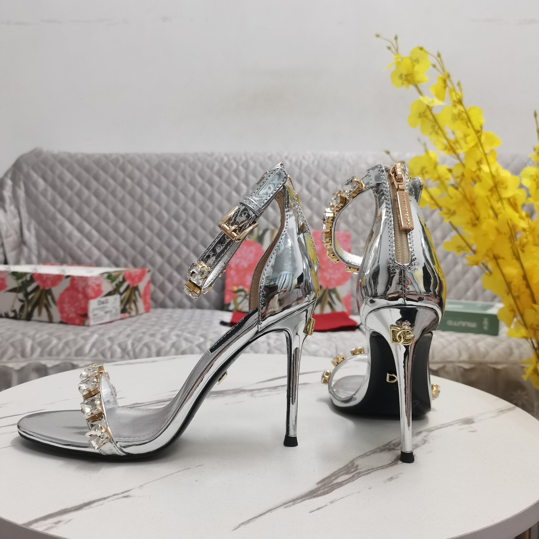 SILVER METALLIC STRAPPY HEEL SANDALS WITH CRYSTAL EMBELLISHMENTS