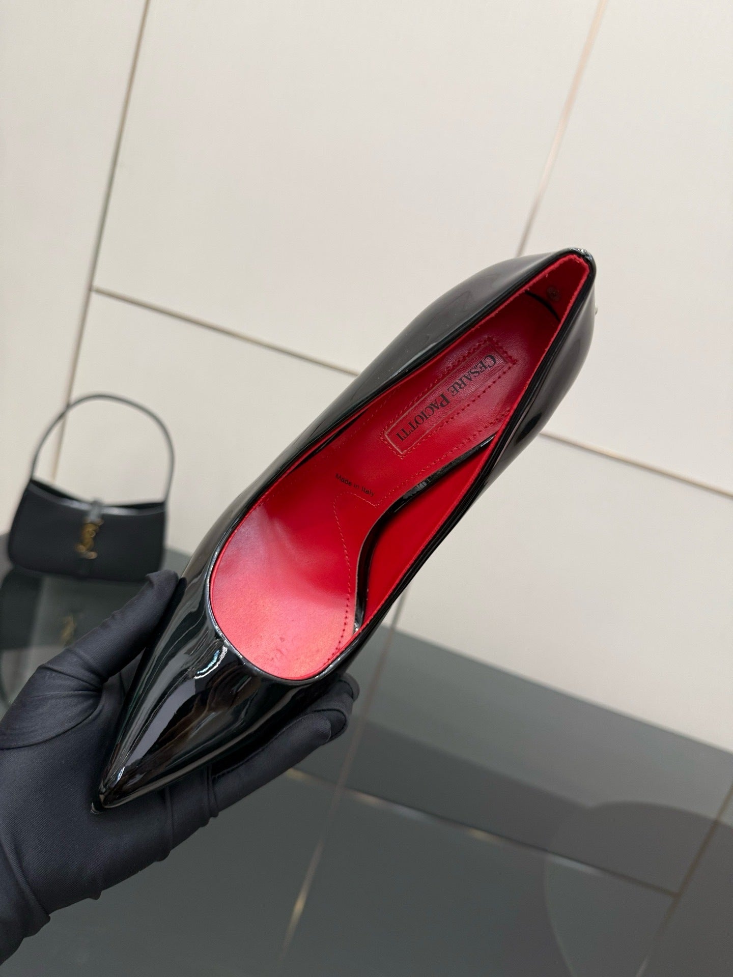 METALLIC DAGGER STILETTO PUMPS – BLACK PATENT EDITION