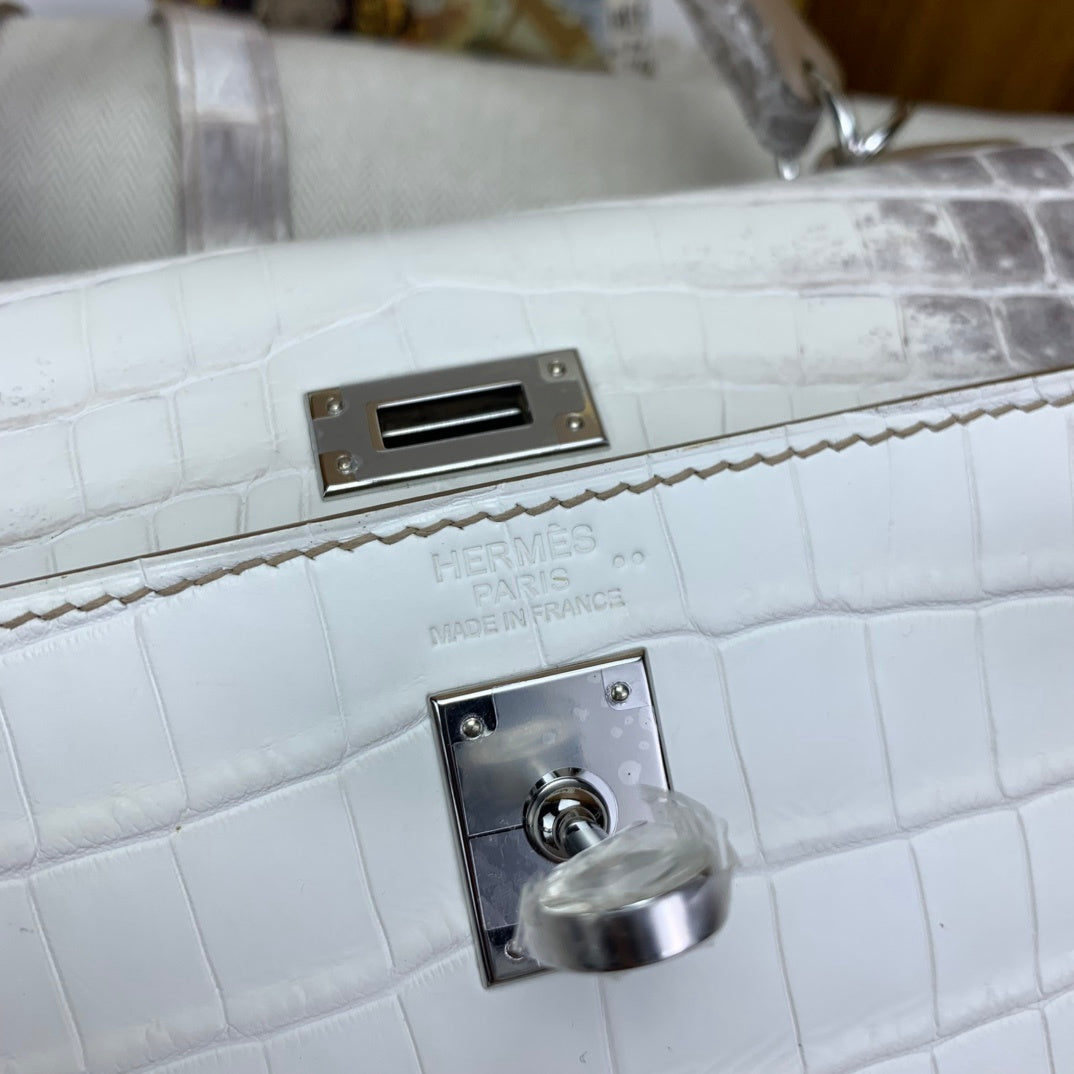LUXURY MINI WHITE CROCODILE EMBOSSED LEATHER TOP HANDLE BAG