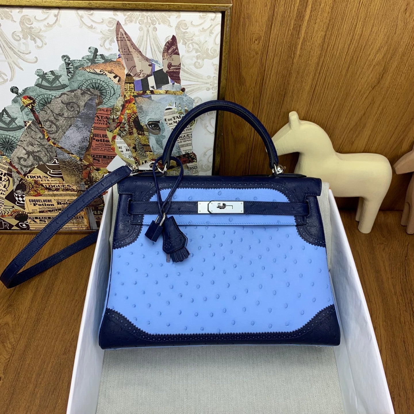 LUXURY BLUE OSTRICH LEATHER TOP HANDLE SHOULDER BAG