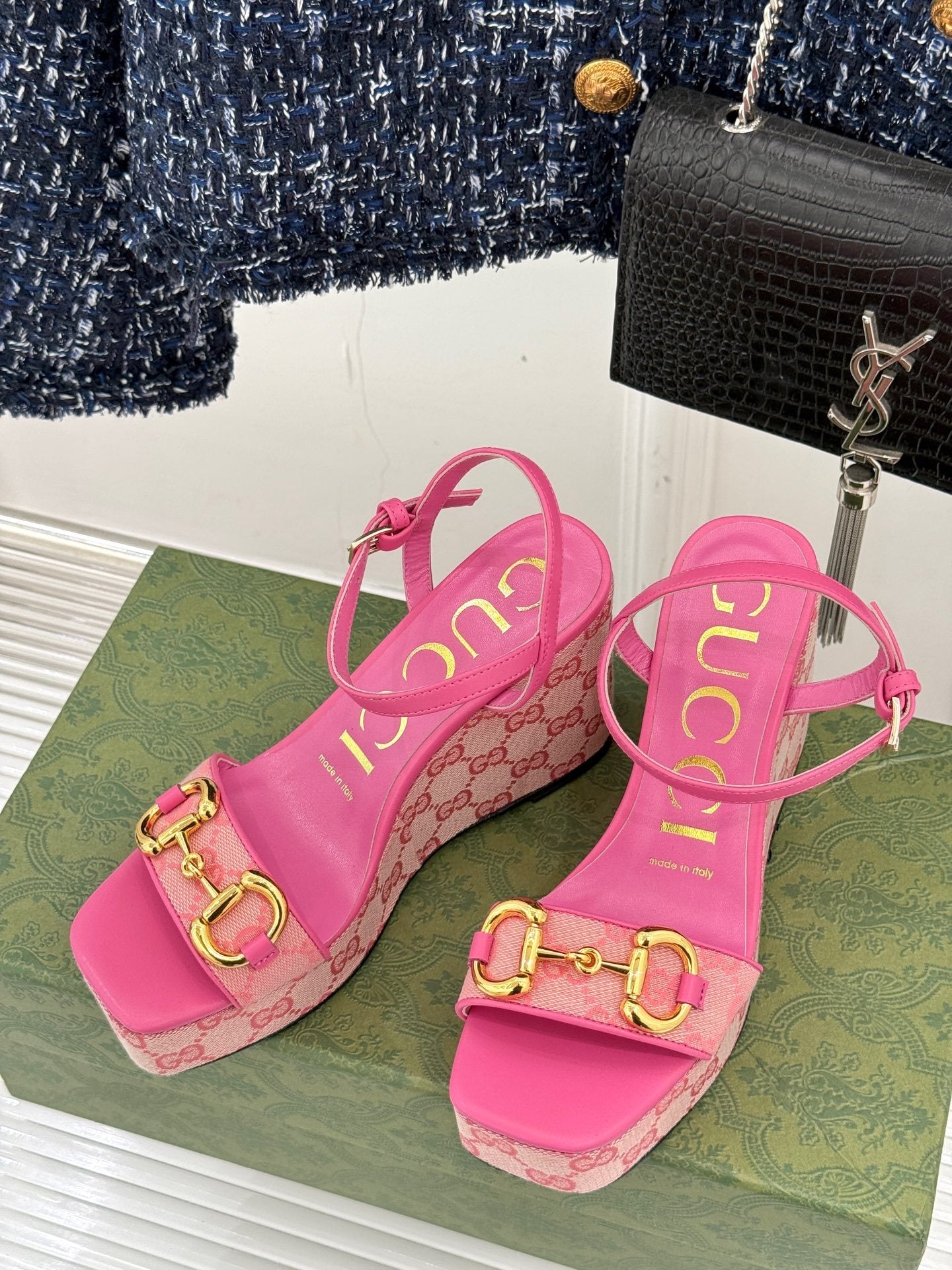 PINK MONOGRAM PLATFORM WEDGE SANDALS