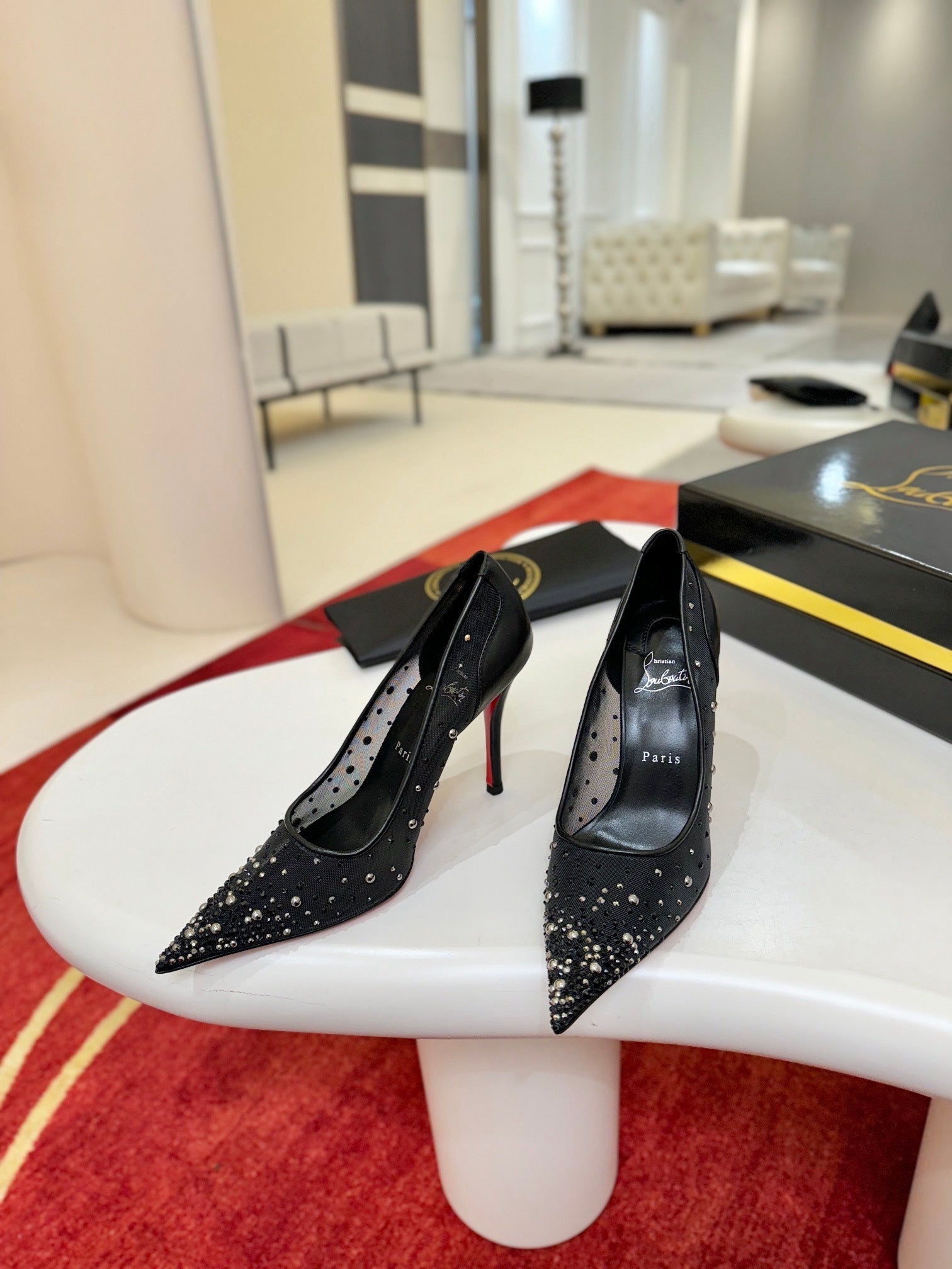 BLACK RHINESTONE MESH POINTED HEELS