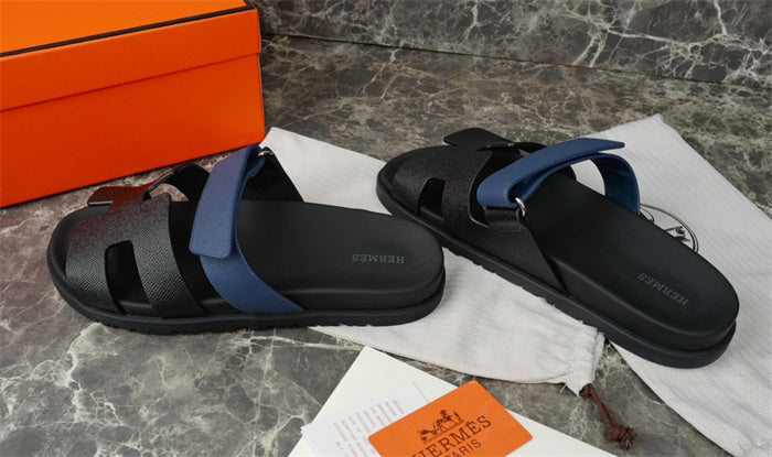 BLACK & BLUE DOUBLE-STRAP H-CUT LEATHER SLIDE SANDALS