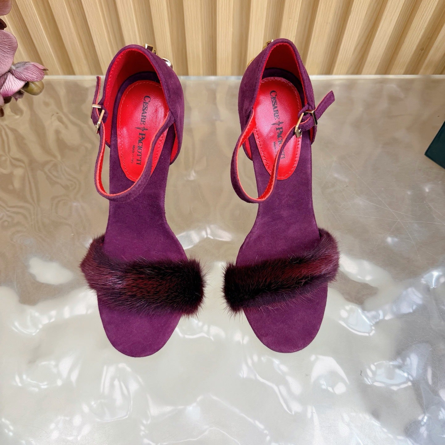 LUXE FUR STILETTO HEELS – PLUM & RED STATEMENT EDITION