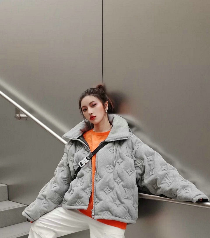 EMBOSSED MONOGRAM HOODED PUFFER JACKET