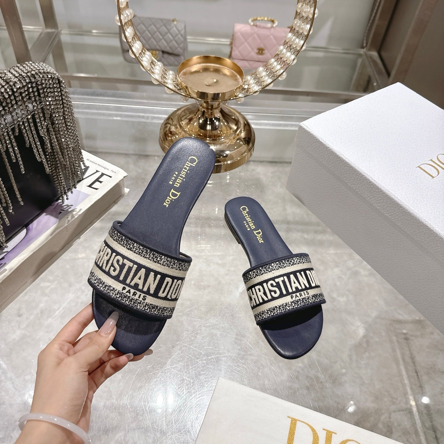 LOGO JACQUARD FLAT SLIDES – NAVY
