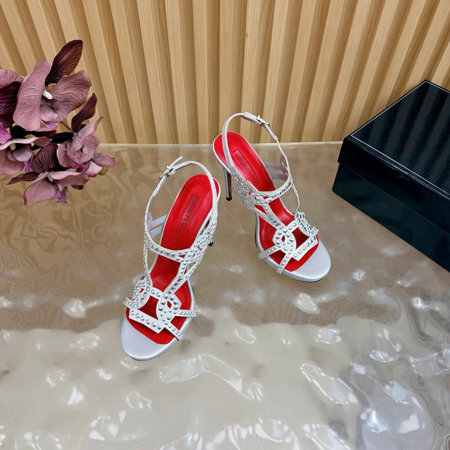 CRYSTAL STUD GLADIATOR STILETTO SANDALS – SILVER EDITION