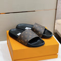 BROWN MONOGRAM SLIDE SANDALS