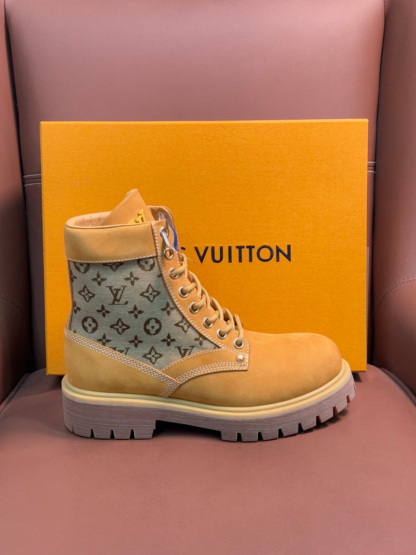 TAN MONOGRAM CANVAS COMBAT BOOTS