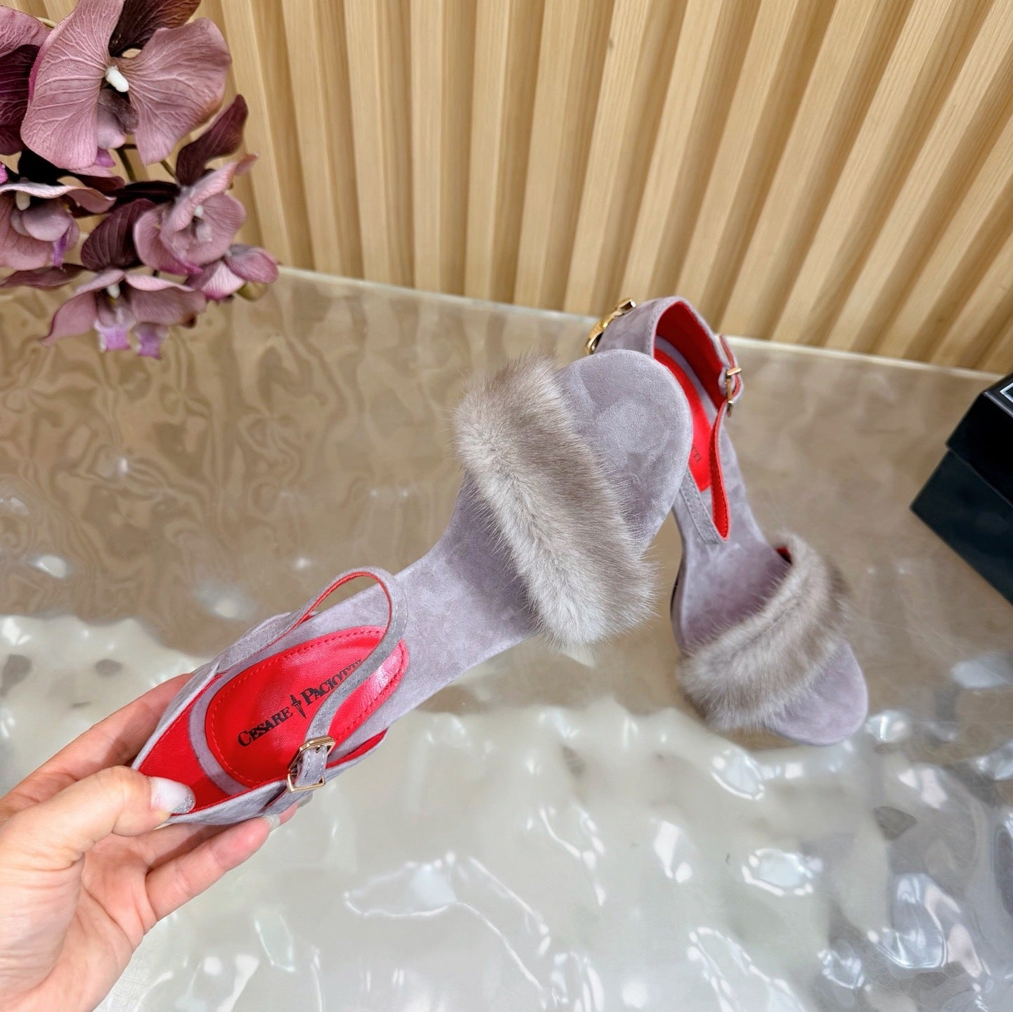 LUXE FUR STILETTO HEELS – GREY & RED EDITION