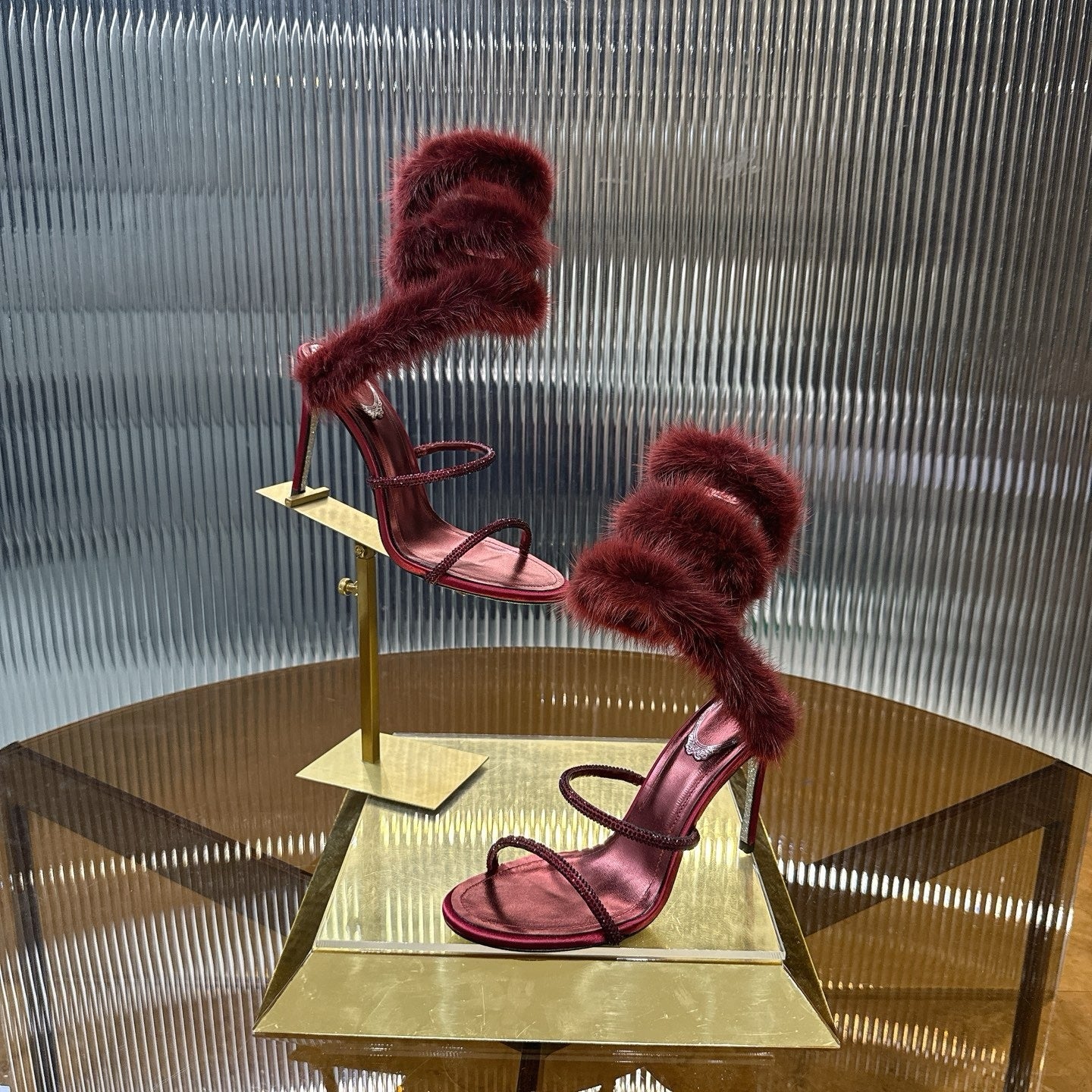 BURGUNDY FUR SPIRAL STILETTO HEELS