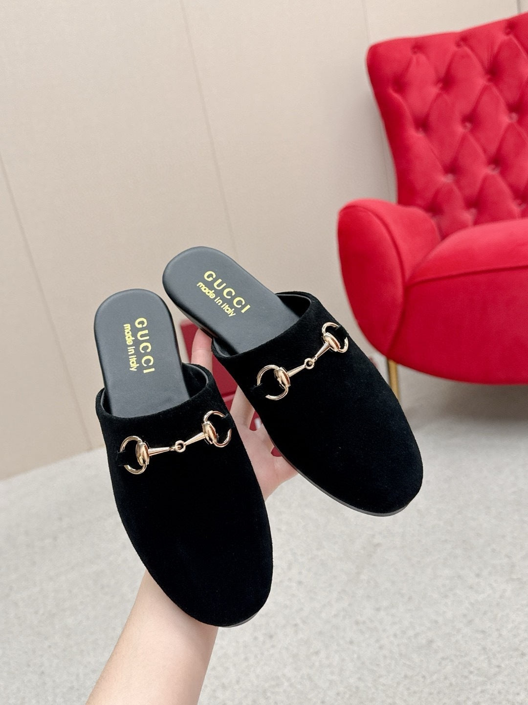 BLACK SUEDE HORSEBIT SLIP-ON MULES