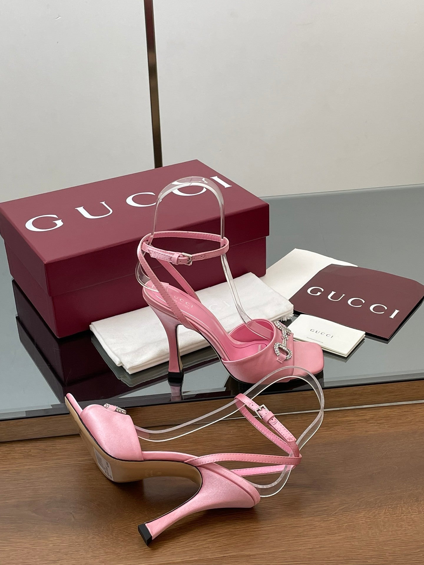 PINK CRYSTAL HORSEBIT STRAPPY HEEL SANDALS