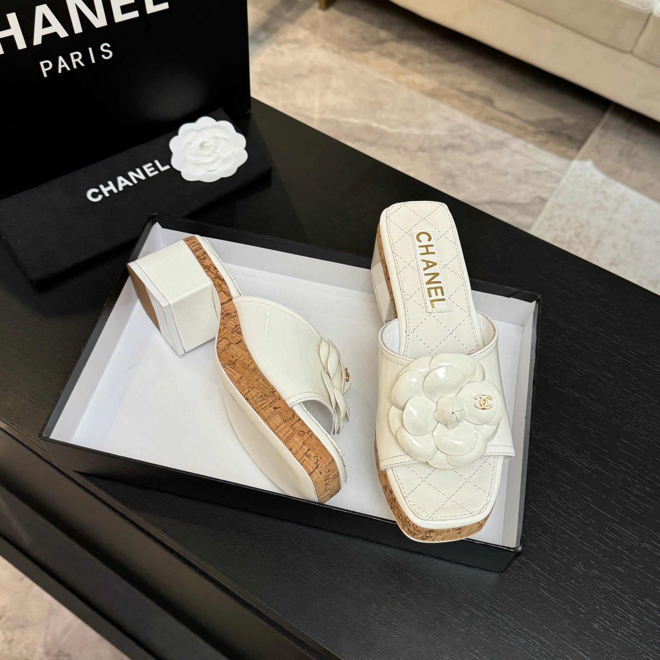 IVORY QUILTED PLATFORM SLIDE SANDALS WITH CAMELLIA DETAIL