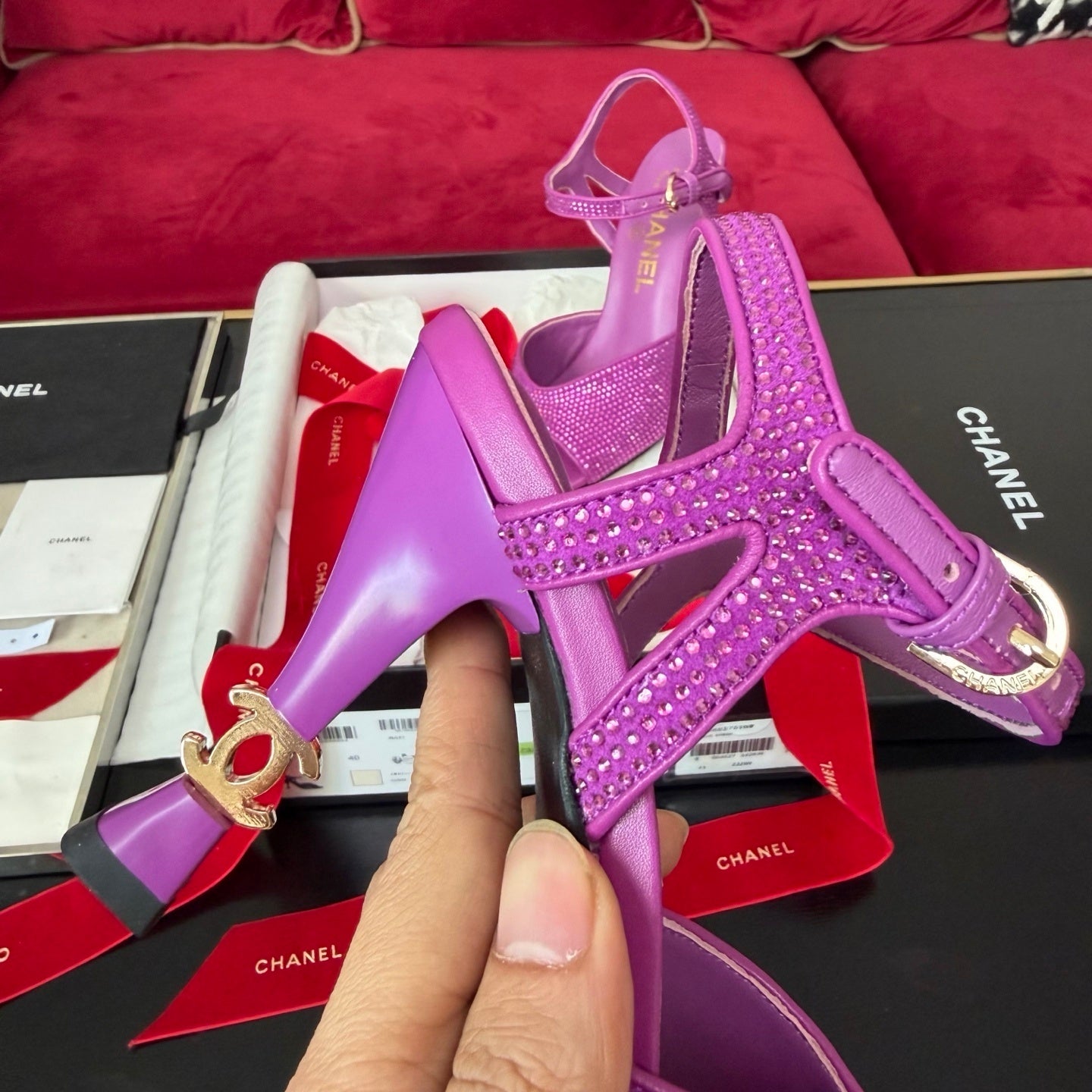 CRYSTAL EMBELLISHED ANKLE STRAP HEELS