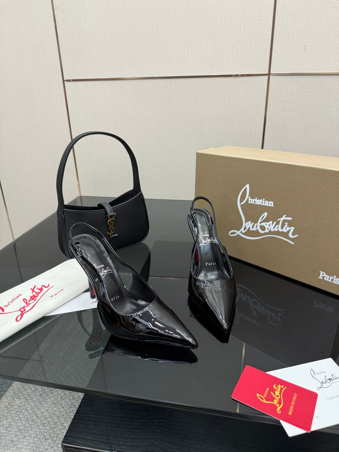 BLACK PATENT SLINGBACK POINTED HEELS
