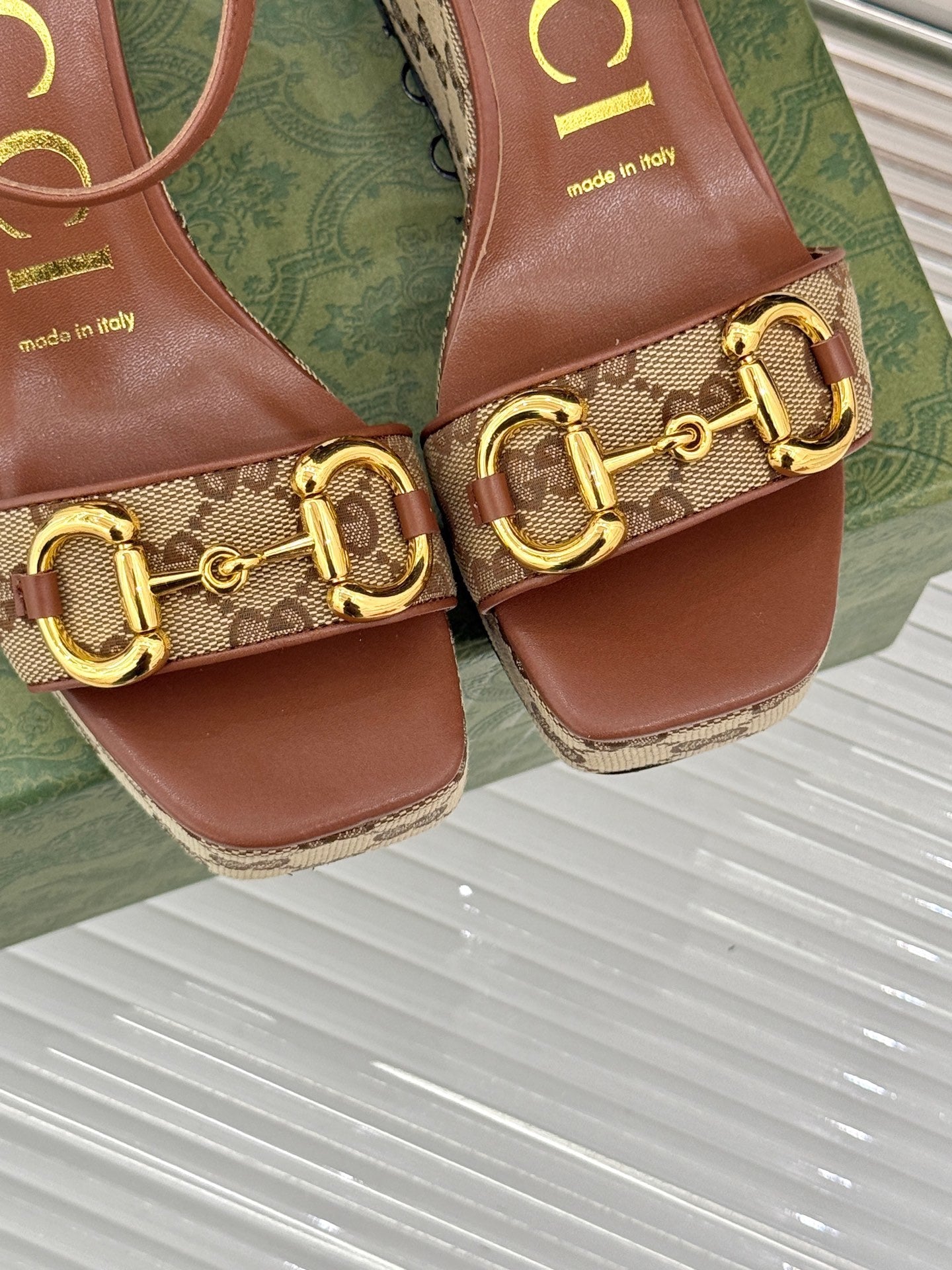 BEIGE MONOGRAM PLATFORM WEDGE SANDALS