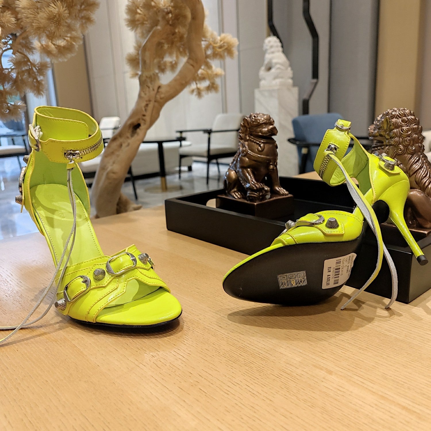 NEON GREEN BUCKLE STRAP HIGH HEEL SANDALS
