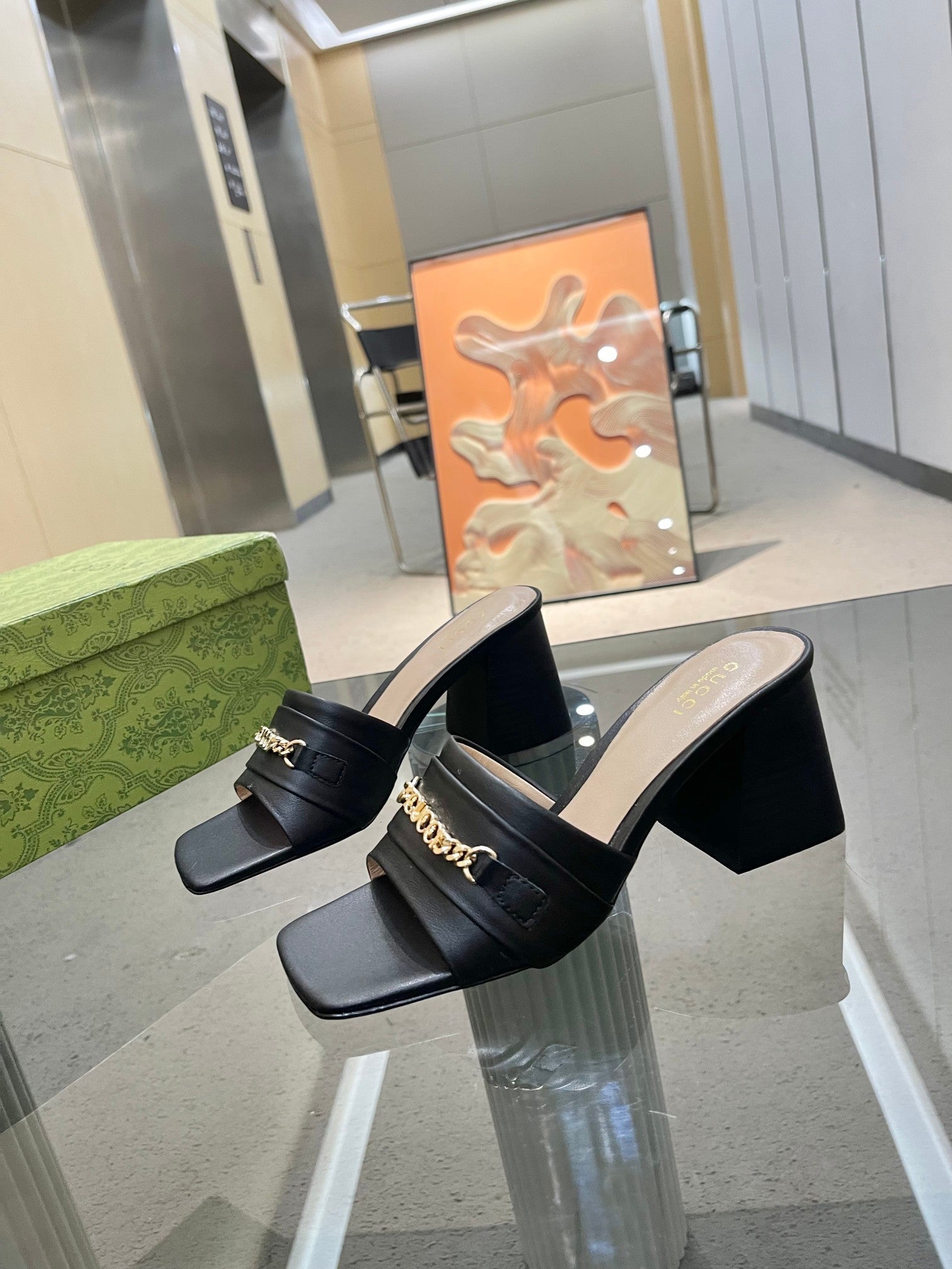 BLACK GOLD CHAIN BLOCK HEEL MULES