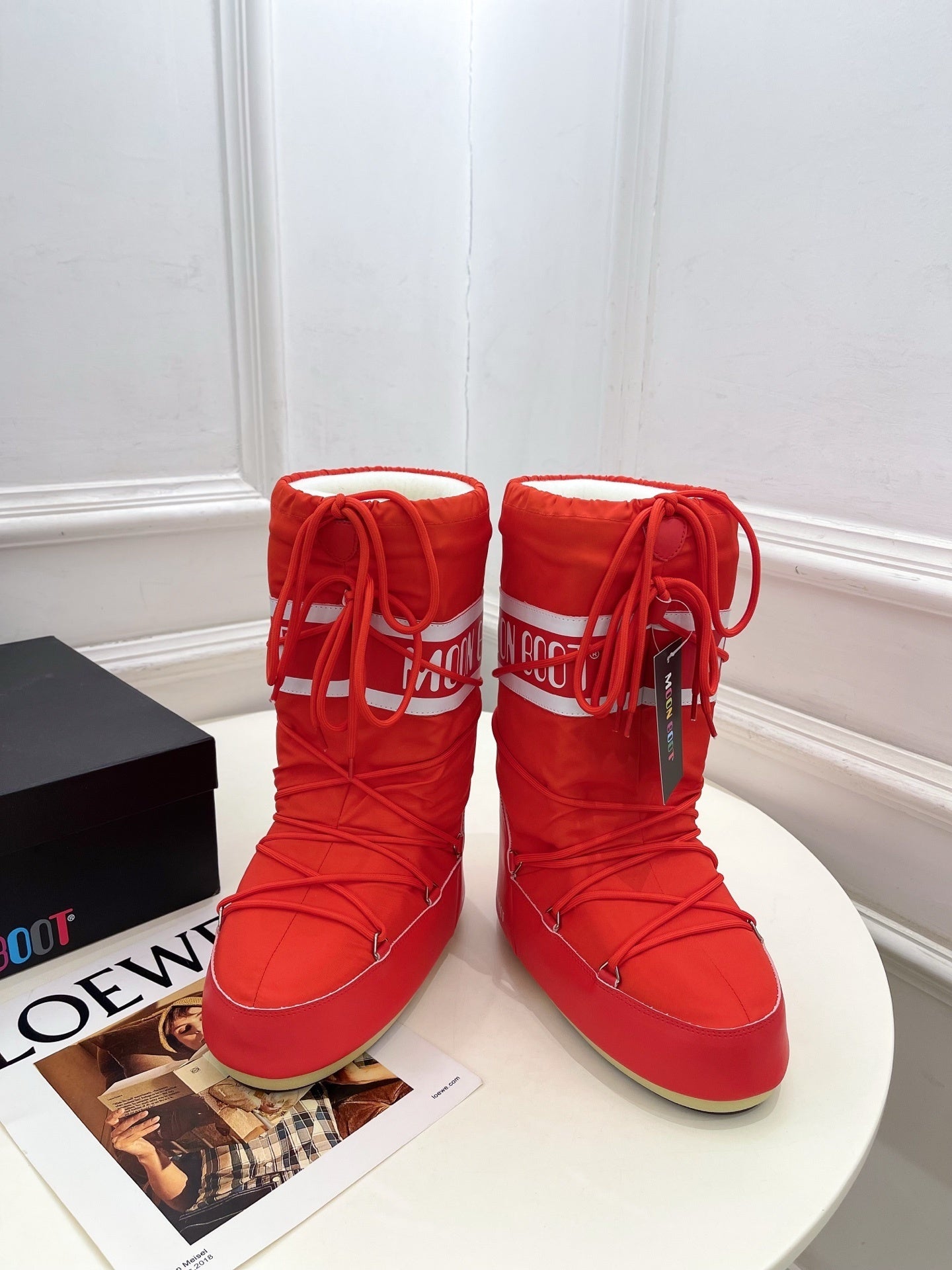 RED PADDED LACE-UP WINTER BOOTS