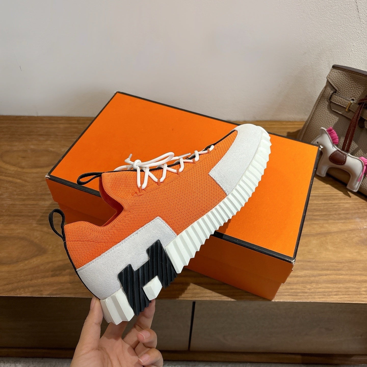 ORANGE TECH-KNIT & SUEDE LOW-TOP SNEAKERS