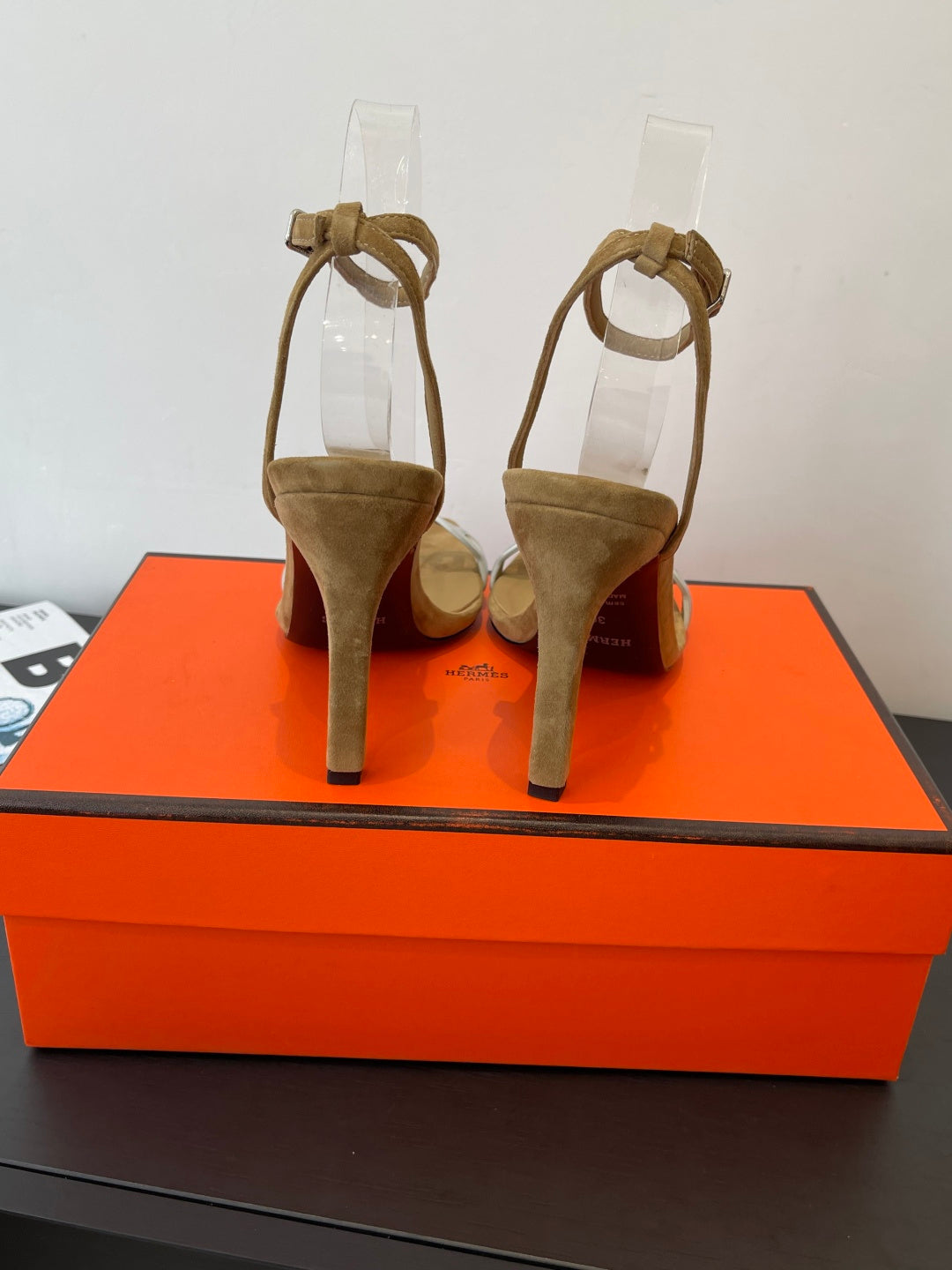 CAMEL SUEDE ANKLE STRAP HIGH HEEL SANDALS