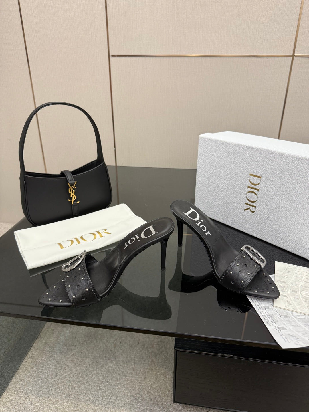 BLACK STUDDED LOGO MULE HEELS