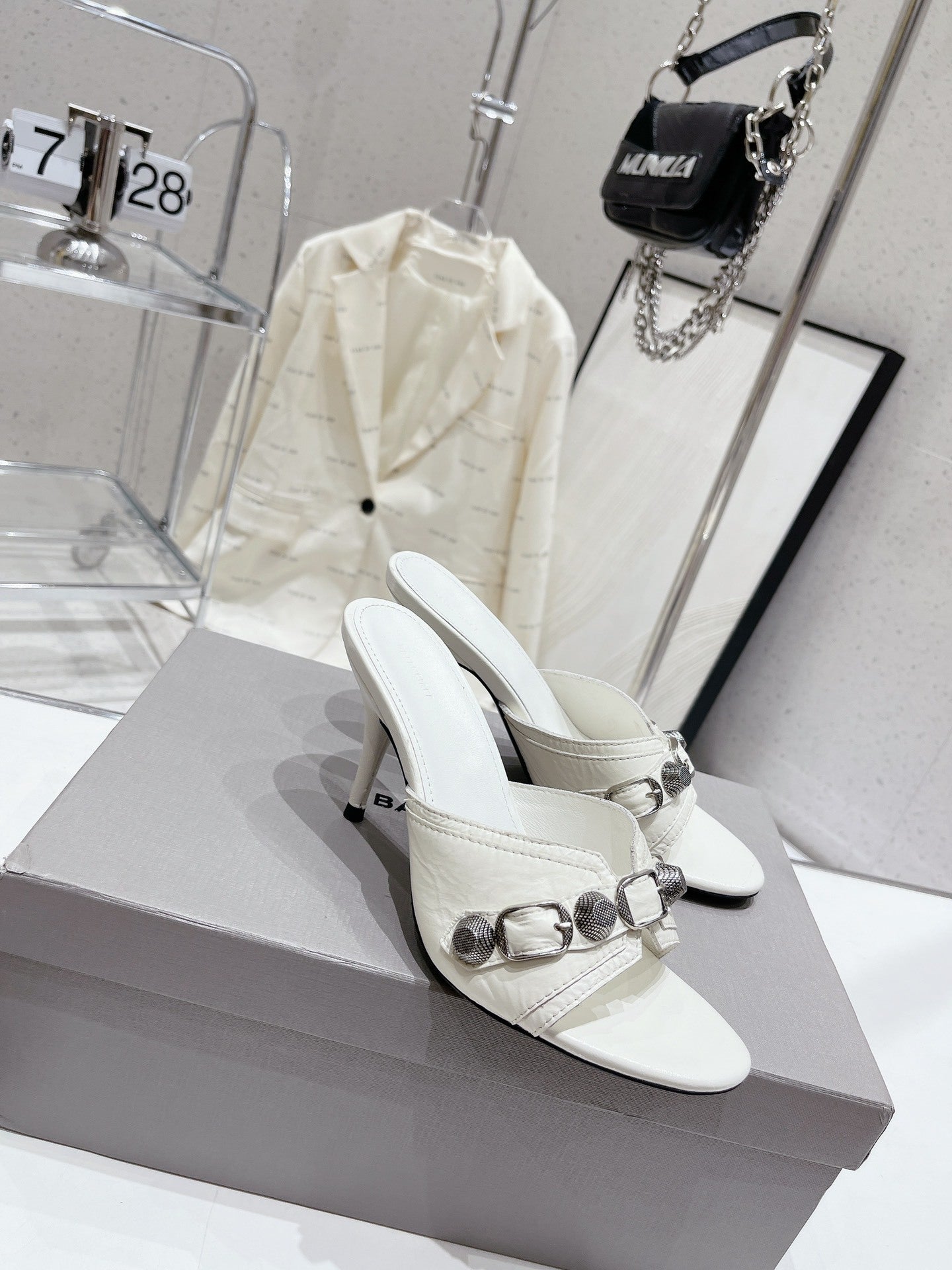 WHITE EMBELLISHED MID HEEL MULE SANDALS
