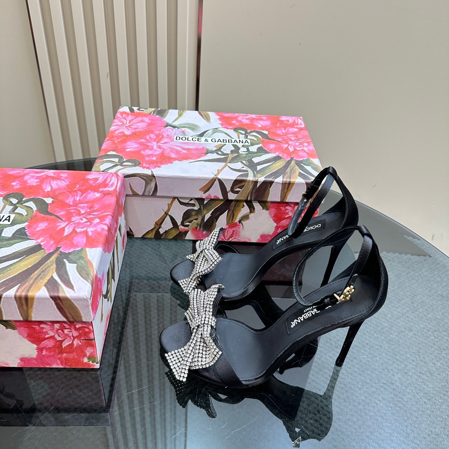 BLACK SATIN CRYSTAL BOW STILETTO HEELS