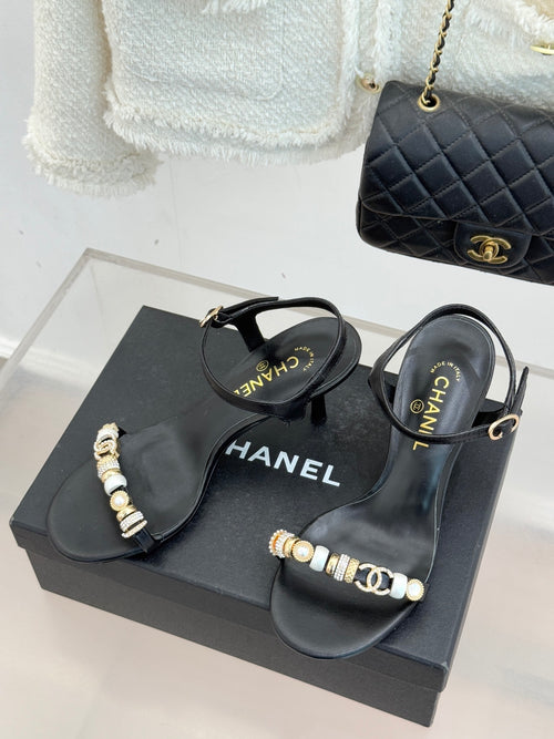 BLACK EMBELLISHED STRAPPY HEEL SANDALS