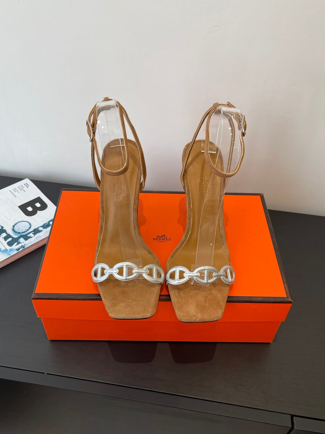 CAMEL SUEDE ANKLE STRAP STILETTO SANDALS