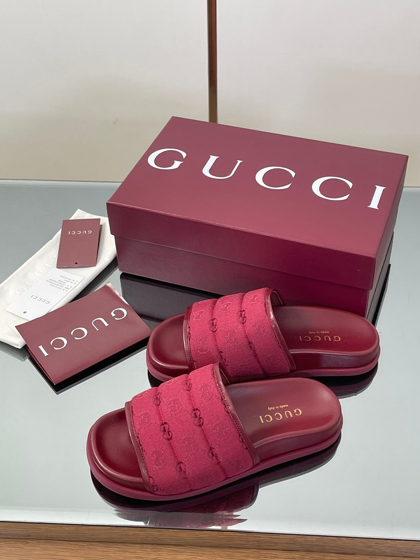 RED PADDED SLIDE SANDALS