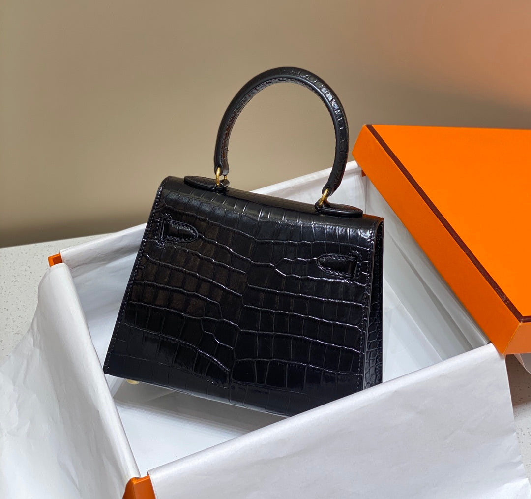LUXURY BLACK CROCODILE EMBOSSED MINI TOP HANDLE HANDBAG WITH GOLD HARDWARE