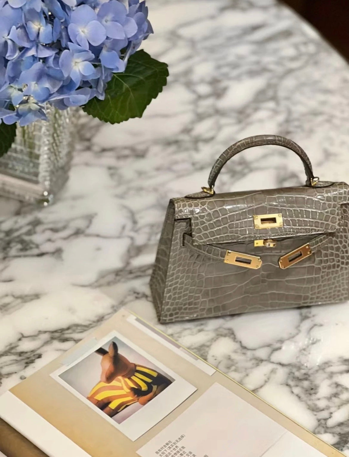 TAUPE CROCODILE EMBOSSED MINI TOP HANDLE HANDBAG WITH GOLD HARDWARE