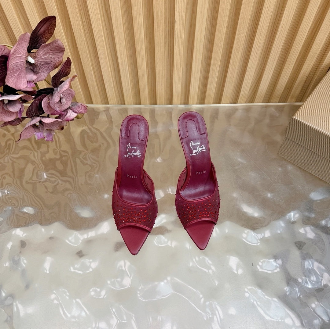 BURGUNDY RHINESTONE MULE HEELS