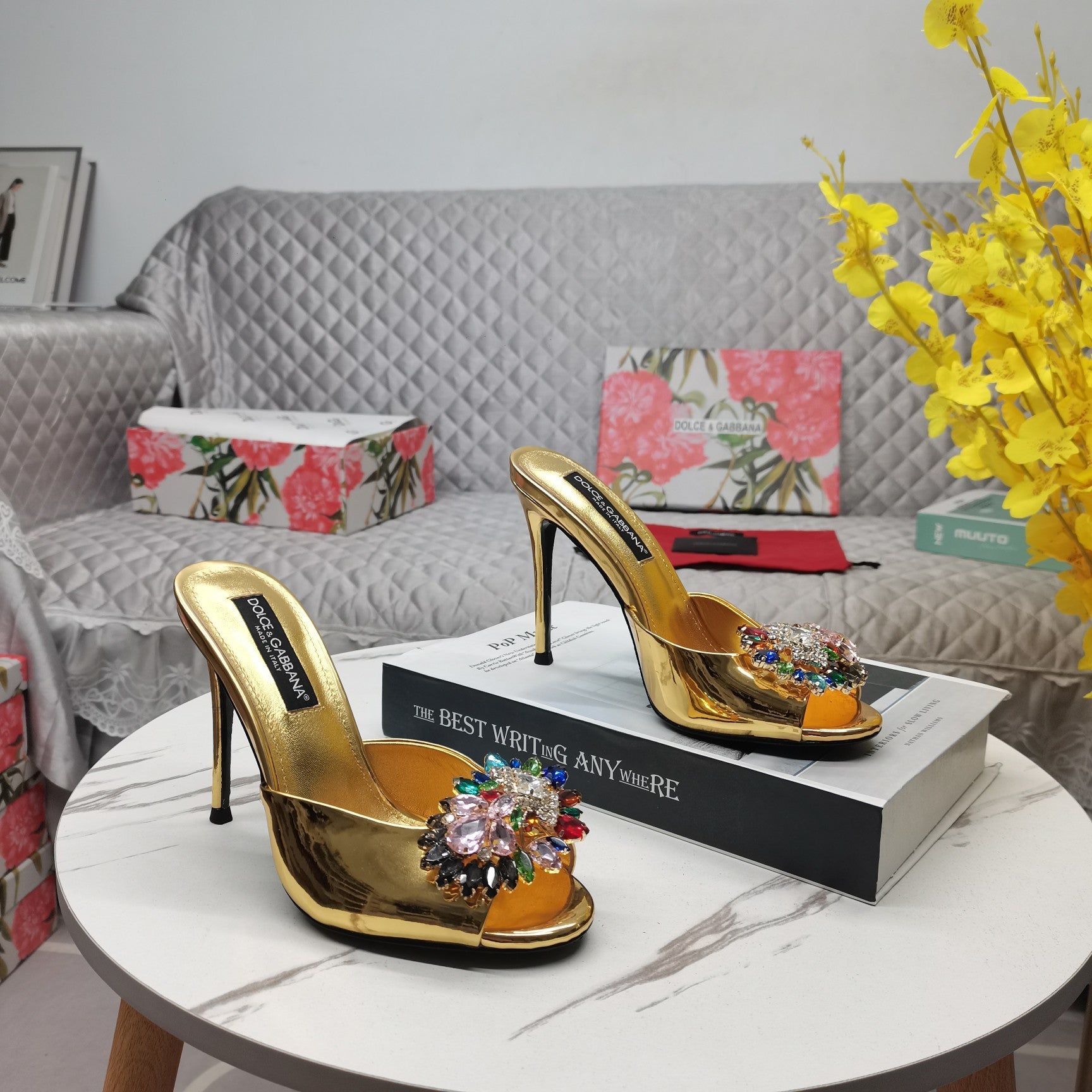 GOLD METALLIC MULE HEEL SANDALS WITH MULTICOLOR CRYSTAL EMBELLISHMENT