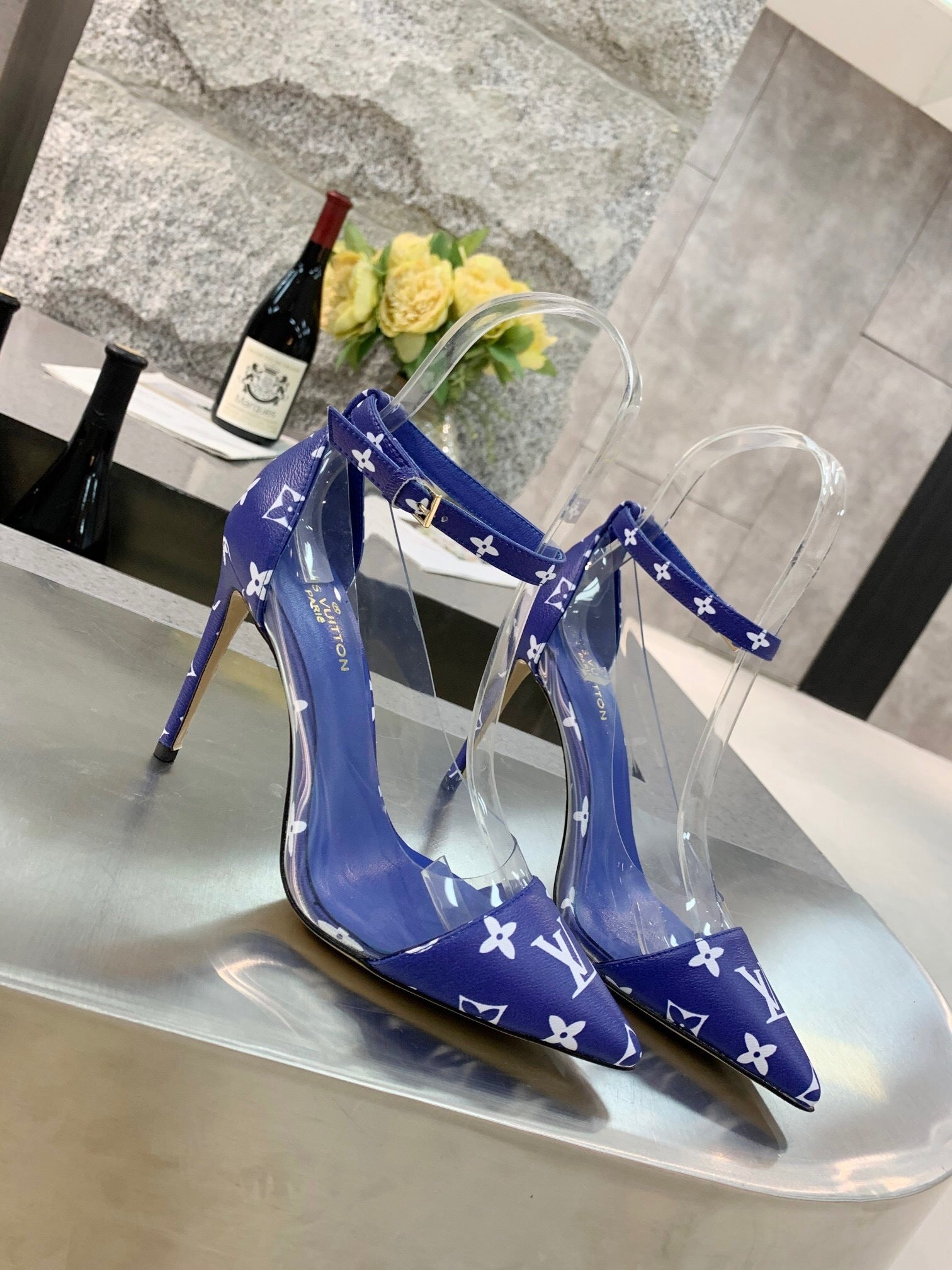 CLEAR PANEL MONOGRAM STILETTO HEELS