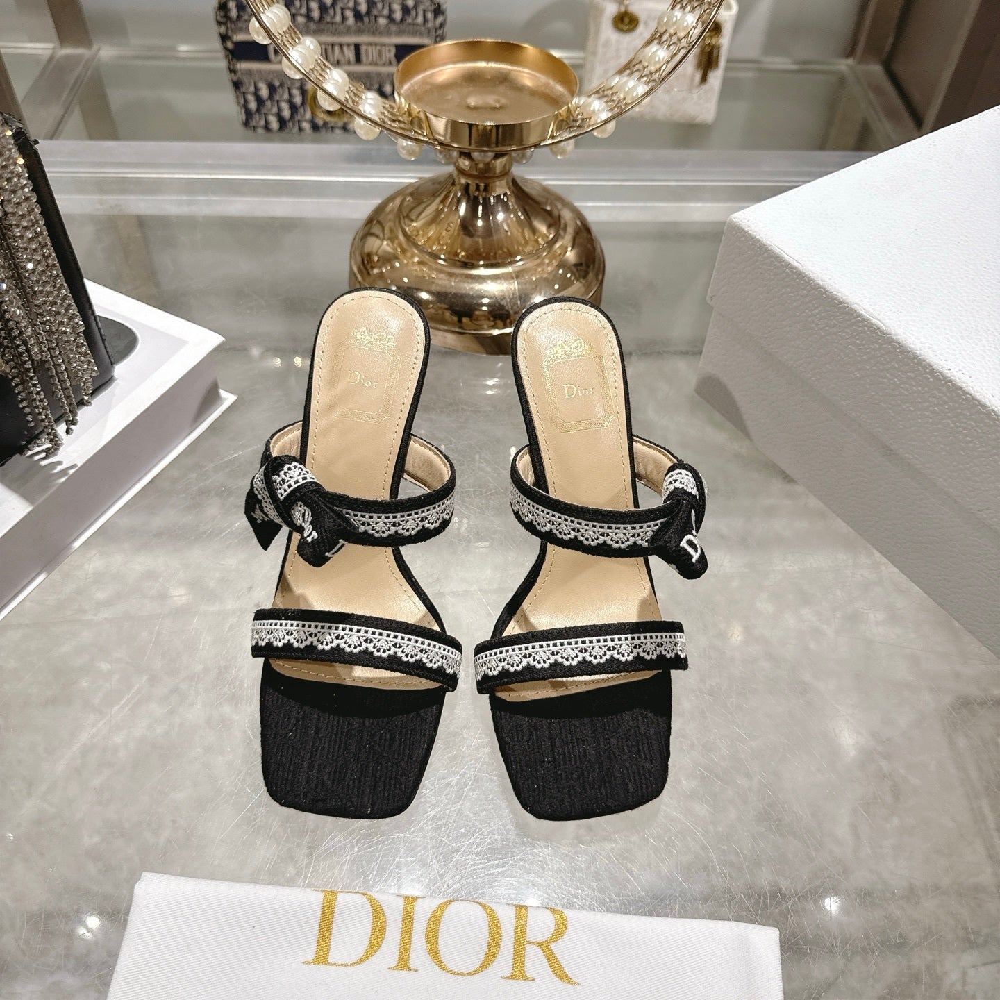 BLACK LACE TRIM BOW STRAP HEEL SANDALS